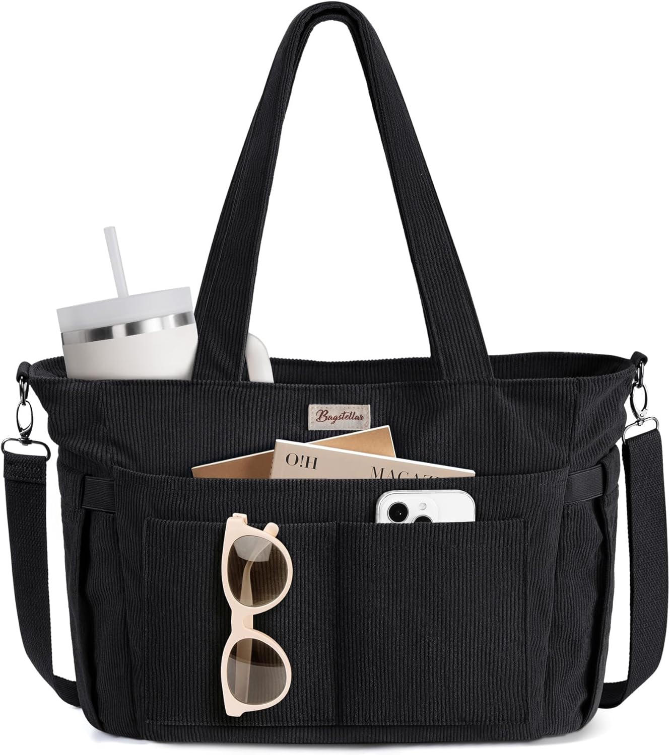 Corduroy Tote Bag for Women, 17 Pockets Laptop Work Bag with 40oz Cup Holder