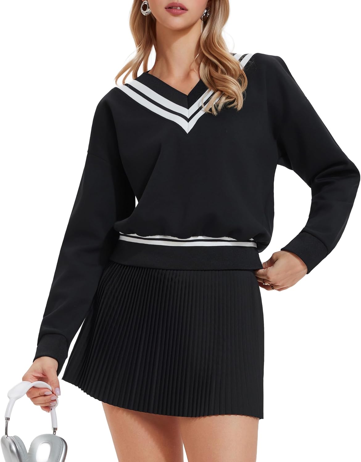 AFZ Two Piece Tennis Sets for Women Casual Sweatshirt Skirt Set Long Sleeve Golf Sweatsuits Athletic Tennis Outfits
