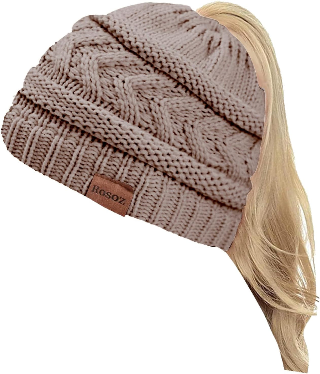 2 Pack Ponytail Beanie for Women, Winter Warm Soft Stretch Cable Knit Messy High Bun Hat