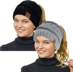 2 Pack Ponytail Beanie for Women, Winter Warm Soft Stretch Cable Knit Messy High Bun Hat