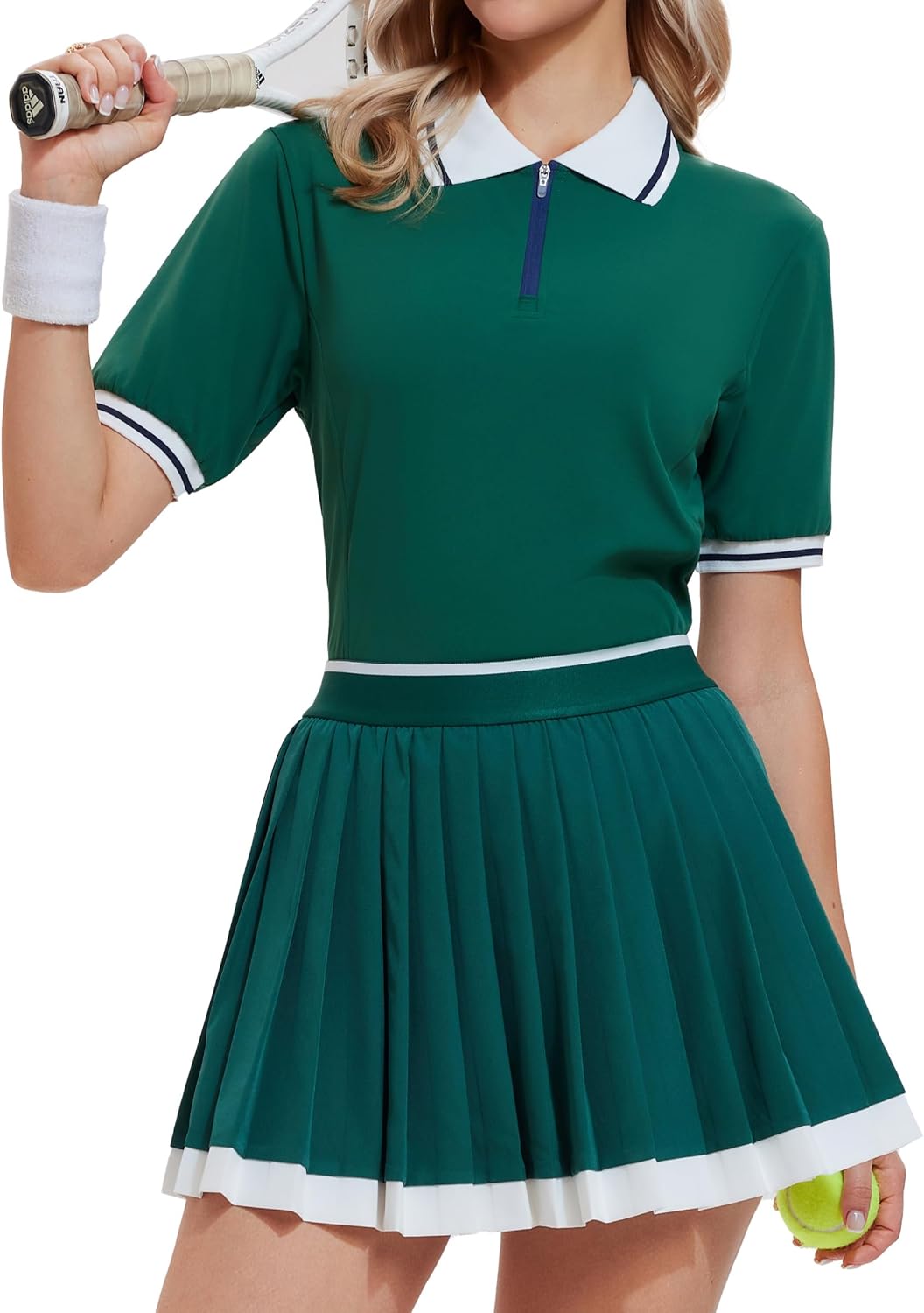 AFZ Women 2 Piece Tennis Skirt Set Color-Block Zip Up Tennis Shirt Athletic Dress Golf Skorts for Pickleball