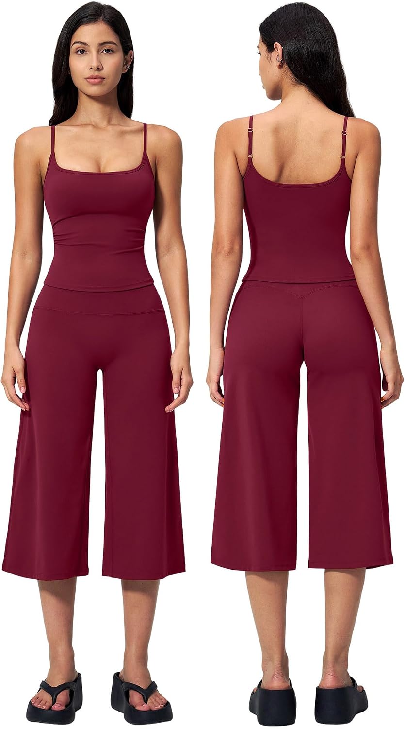 Women's 2-Piece Workout Set - Halter Sports Bra and Wide Leg Capri Pants for Yoga and Pilates