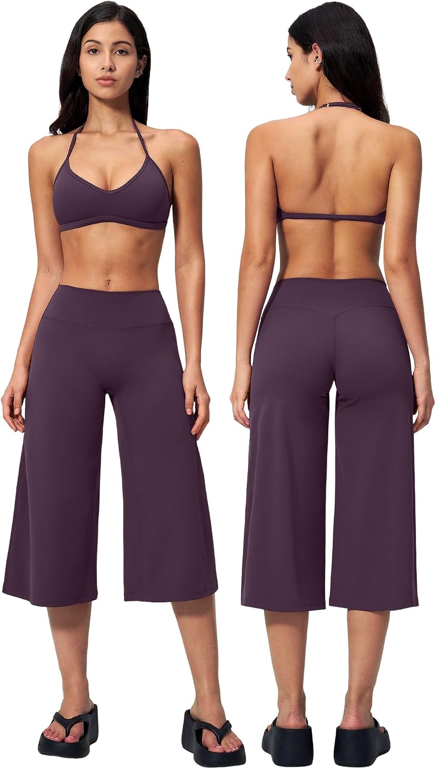 Women's 2-Piece Workout Set - Halter Sports Bra and Wide Leg Capri Pants for Yoga and Pilates