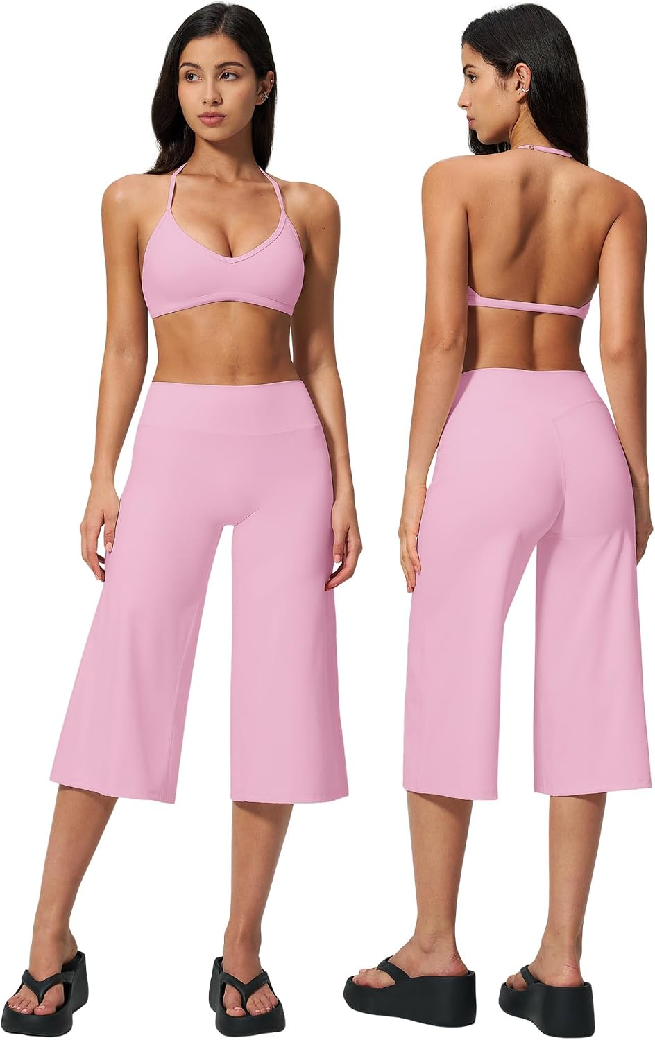Women's 2-Piece Workout Set - Halter Sports Bra and Wide Leg Capri Pants for Yoga and Pilates