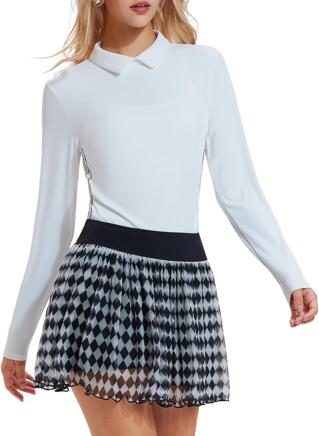 Women's 2 Piece Tennis Skirt Set - Long Sleeve Color Block Top & Pleated Skort