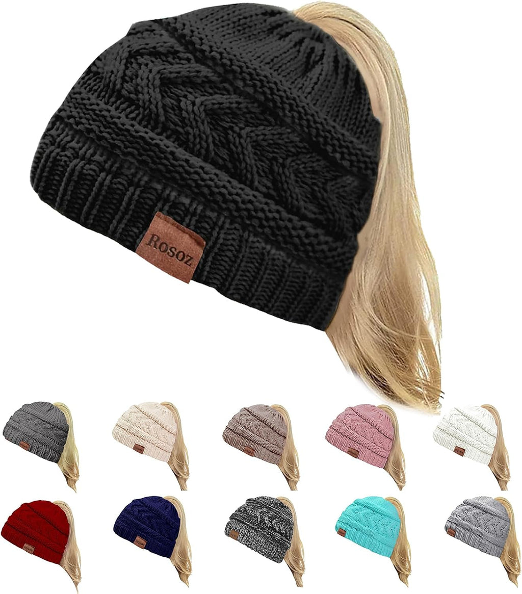 2 Pack Ponytail Beanie for Women, Winter Warm Soft Stretch Cable Knit Messy High Bun Hat
