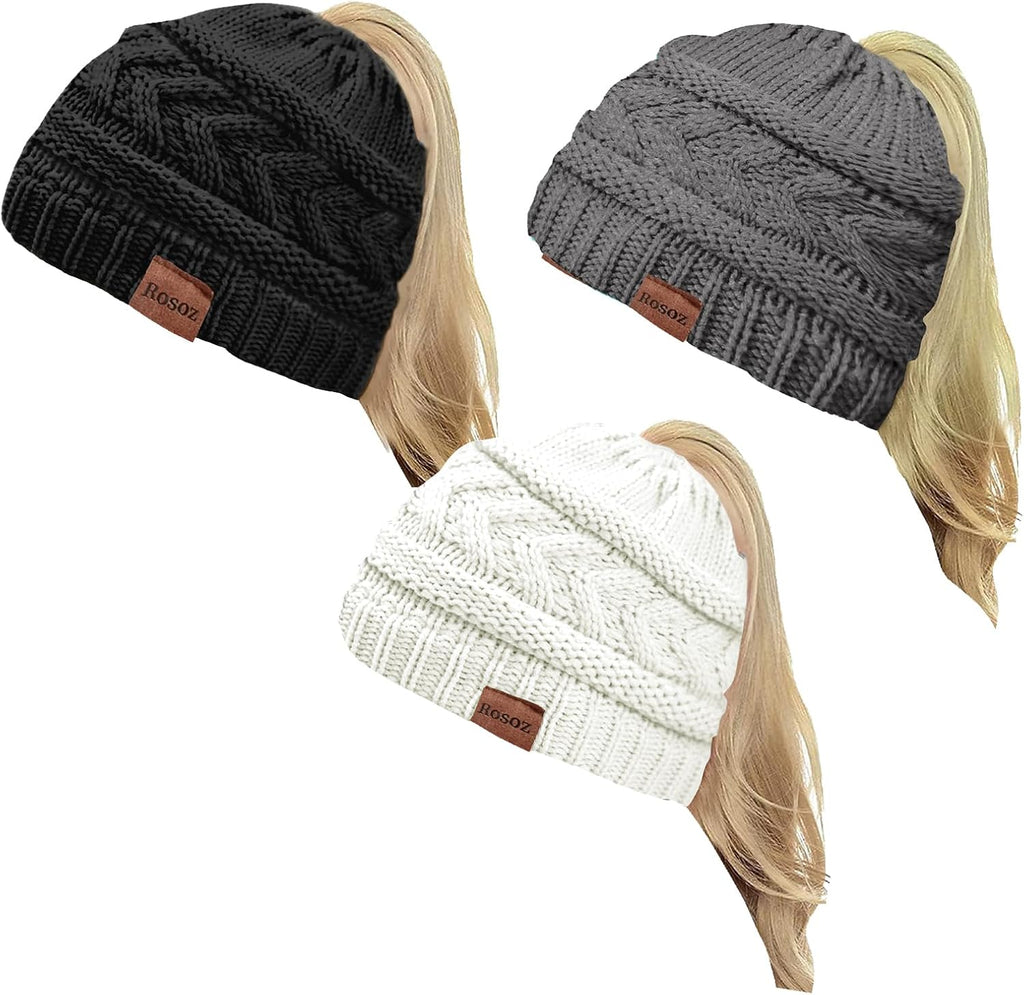 2 Pack Ponytail Beanie for Women, Winter Warm Soft Stretch Cable Knit Messy High Bun Hat