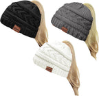 2 Pack Ponytail Beanie for Women, Winter Warm Soft Stretch Cable Knit Messy High Bun Hat