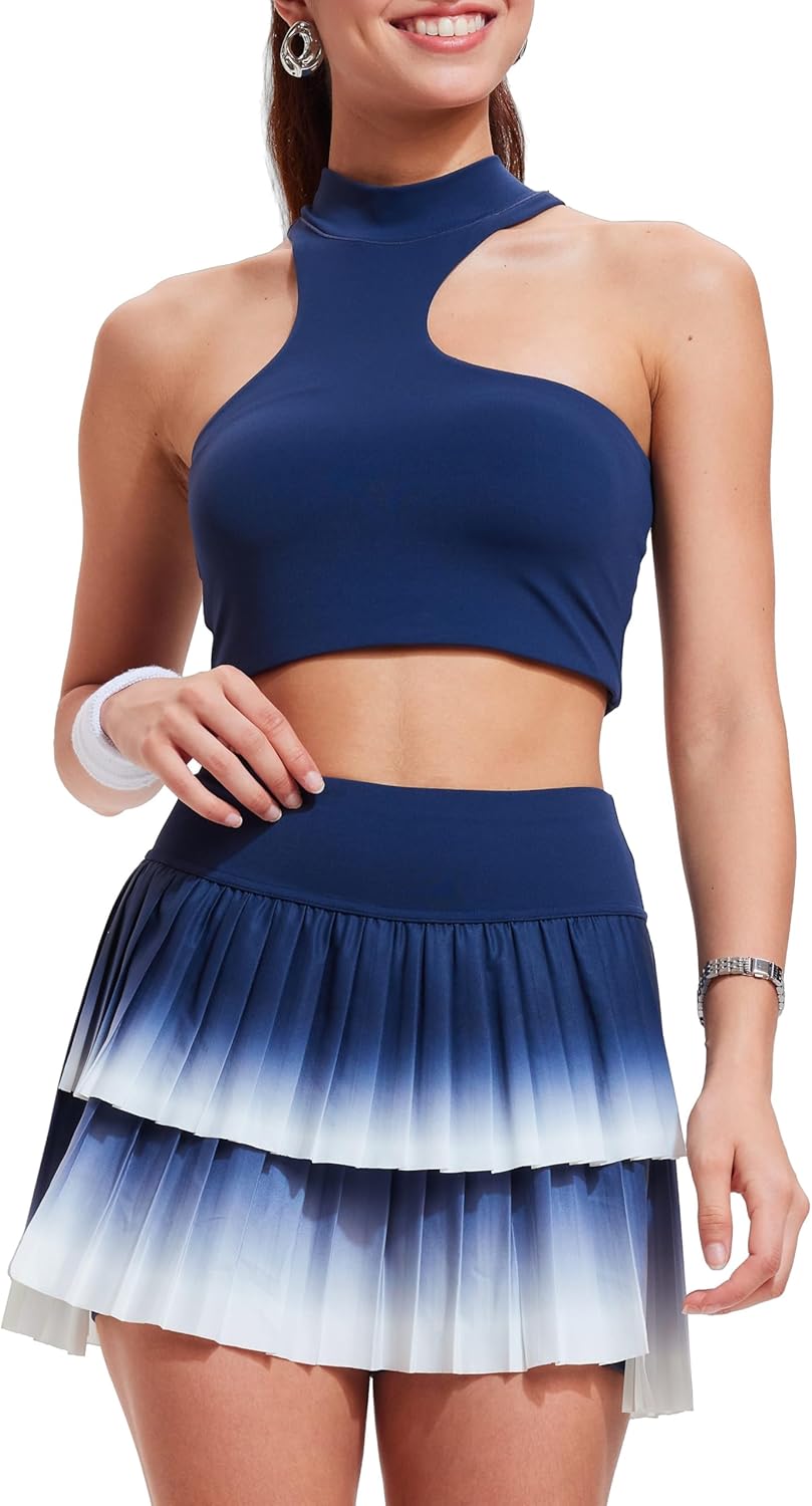 Tennis Skirt Sets for Women Half High Collar Irregular Bra Double Ruffle Golf Skirt Set Women 2 Piece Outfits