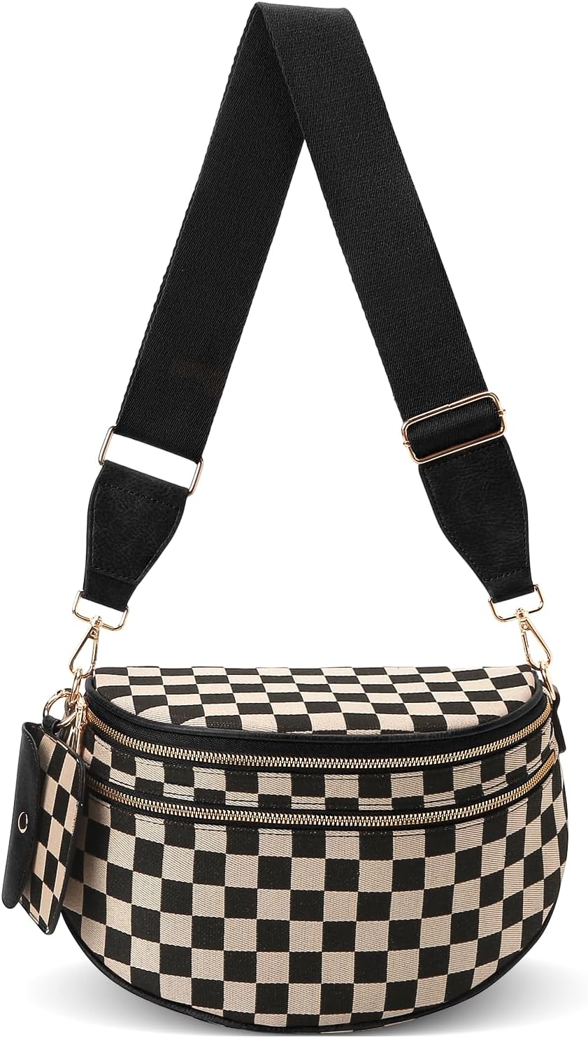 Checkered Crossbody Bum Bag for Women - Large Trendy Belt Purse for Daily Use