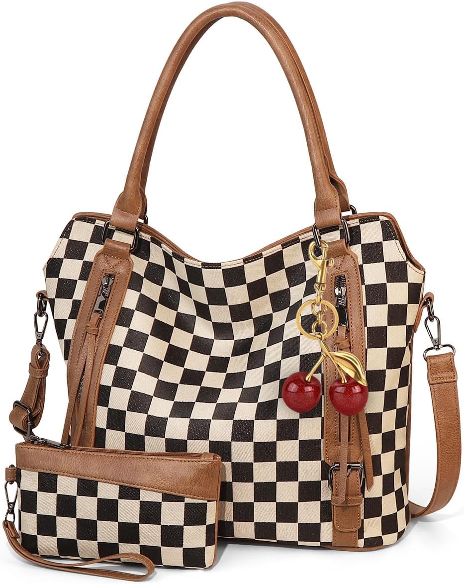Checkered Tote Bag Large Plaid Hobo Shoulder Bag for Women with Multiple Pockets