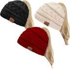 2 Pack Ponytail Beanie for Women, Winter Warm Soft Stretch Cable Knit Messy High Bun Hat