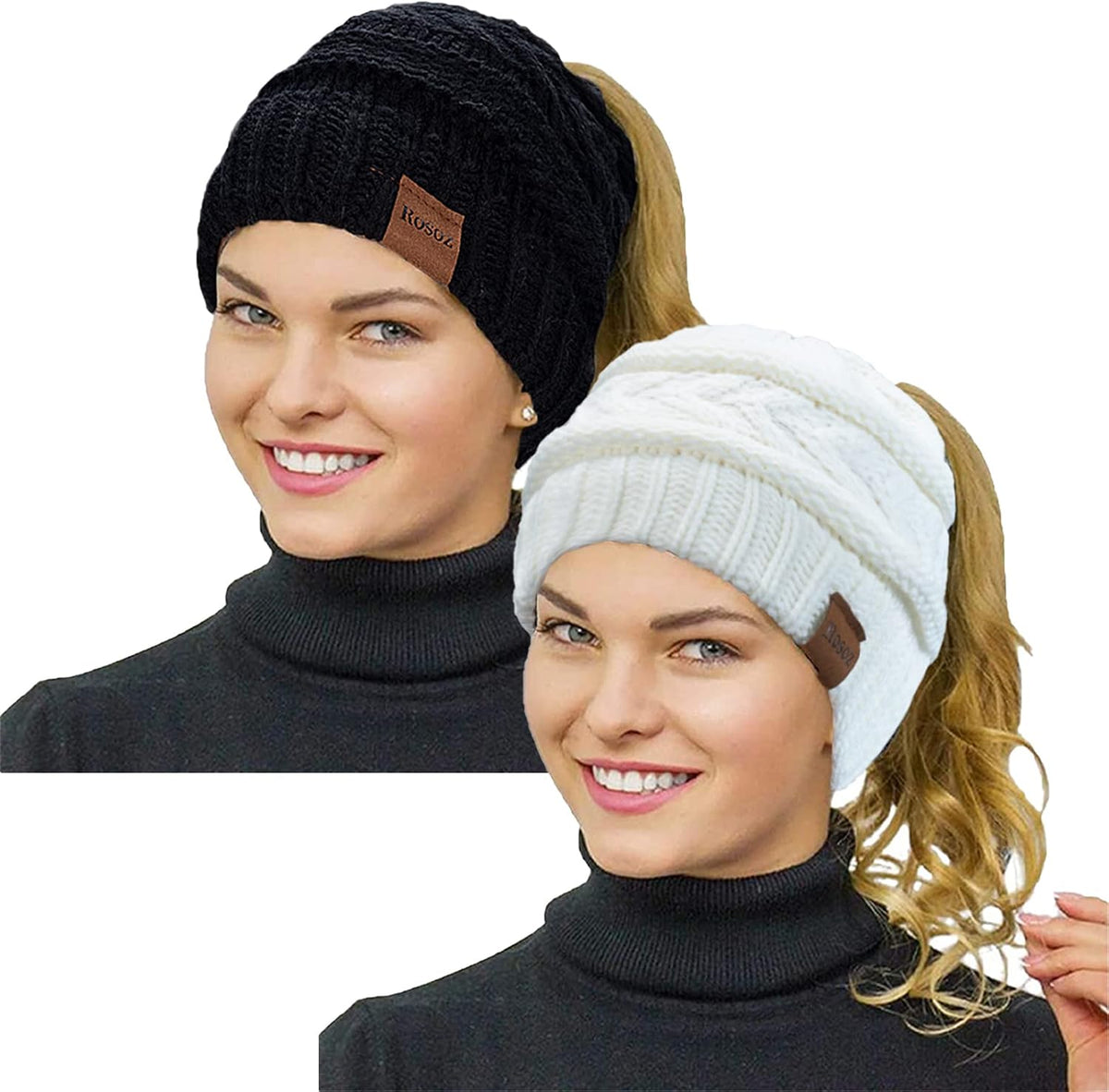 2 Pack Ponytail Beanie for Women, Winter Warm Soft Stretch Cable Knit Messy High Bun Hat