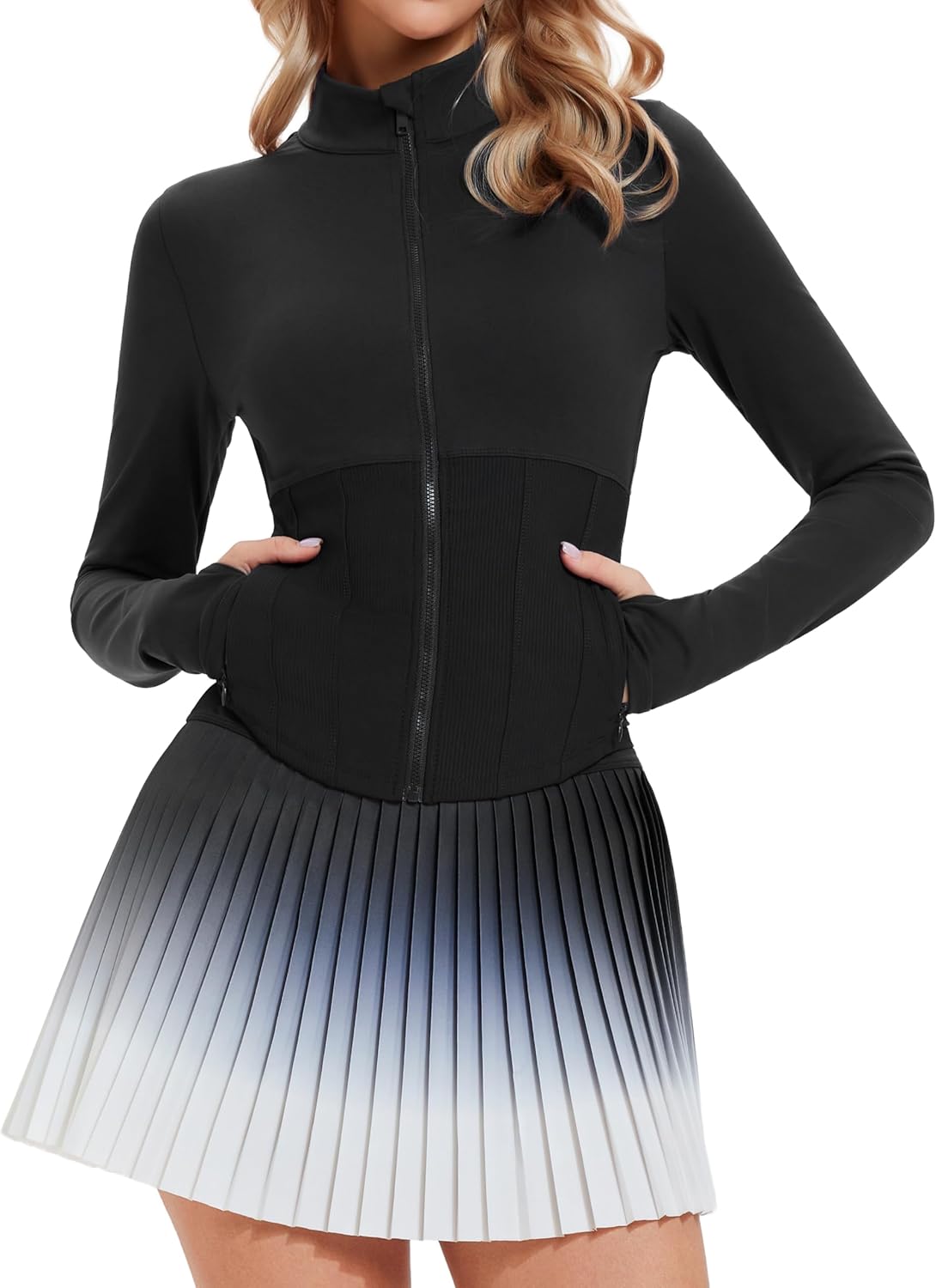 AFZ Two Piece Tennis Skirts Set for Women Long Sleeve Zip Up Workout Jacket with Pleated Mini Skirt Golf Pickleball Outfits
