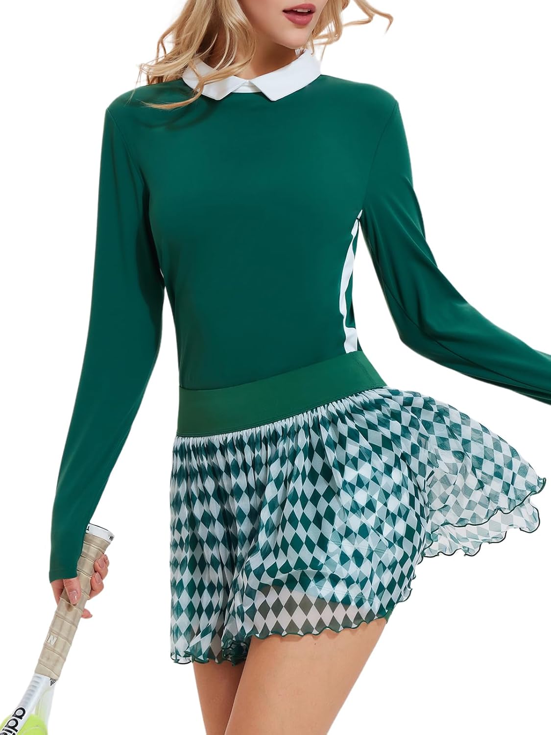 Women's 2 Piece Tennis Skirt Set - Long Sleeve Color Block Top & Pleated Skort