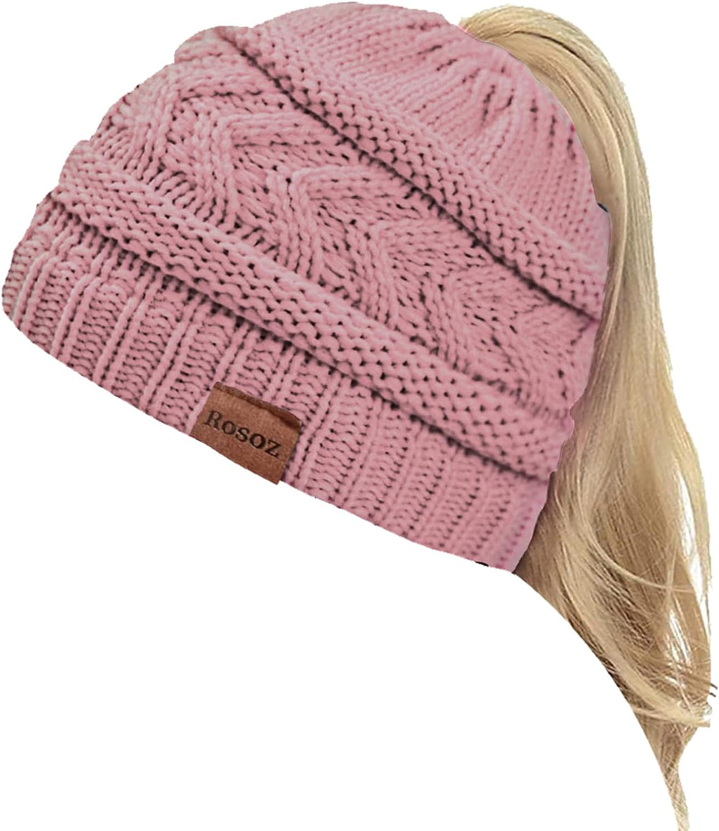 2 Pack Ponytail Beanie for Women, Winter Warm Soft Stretch Cable Knit Messy High Bun Hat