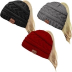 2 Pack Ponytail Beanie for Women, Winter Warm Soft Stretch Cable Knit Messy High Bun Hat