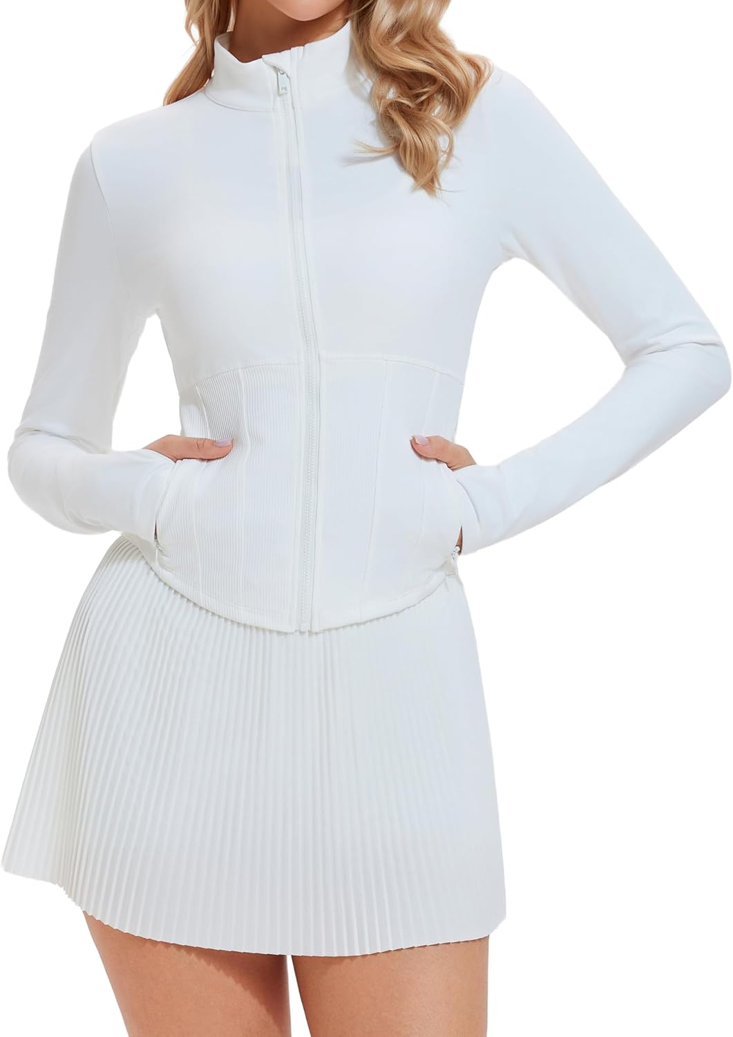 AFZ Two Piece Tennis Skirts Set for Women Long Sleeve Zip Up Workout Jacket with Pleated Mini Skirt Golf Pickleball Outfits