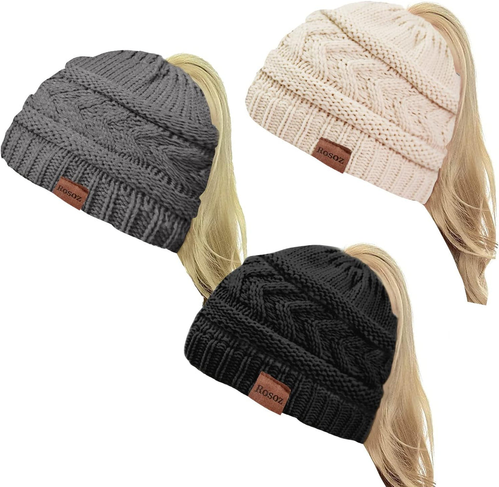 2 Pack Ponytail Beanie for Women, Winter Warm Soft Stretch Cable Knit Messy High Bun Hat