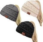 2 Pack Ponytail Beanie for Women, Winter Warm Soft Stretch Cable Knit Messy High Bun Hat
