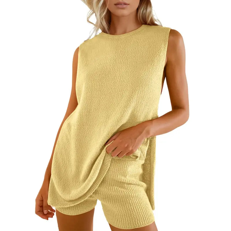 Women's 2 Piece Summer Knit Sweater Set - Sleeveless Tunic Top and Matching Shorts