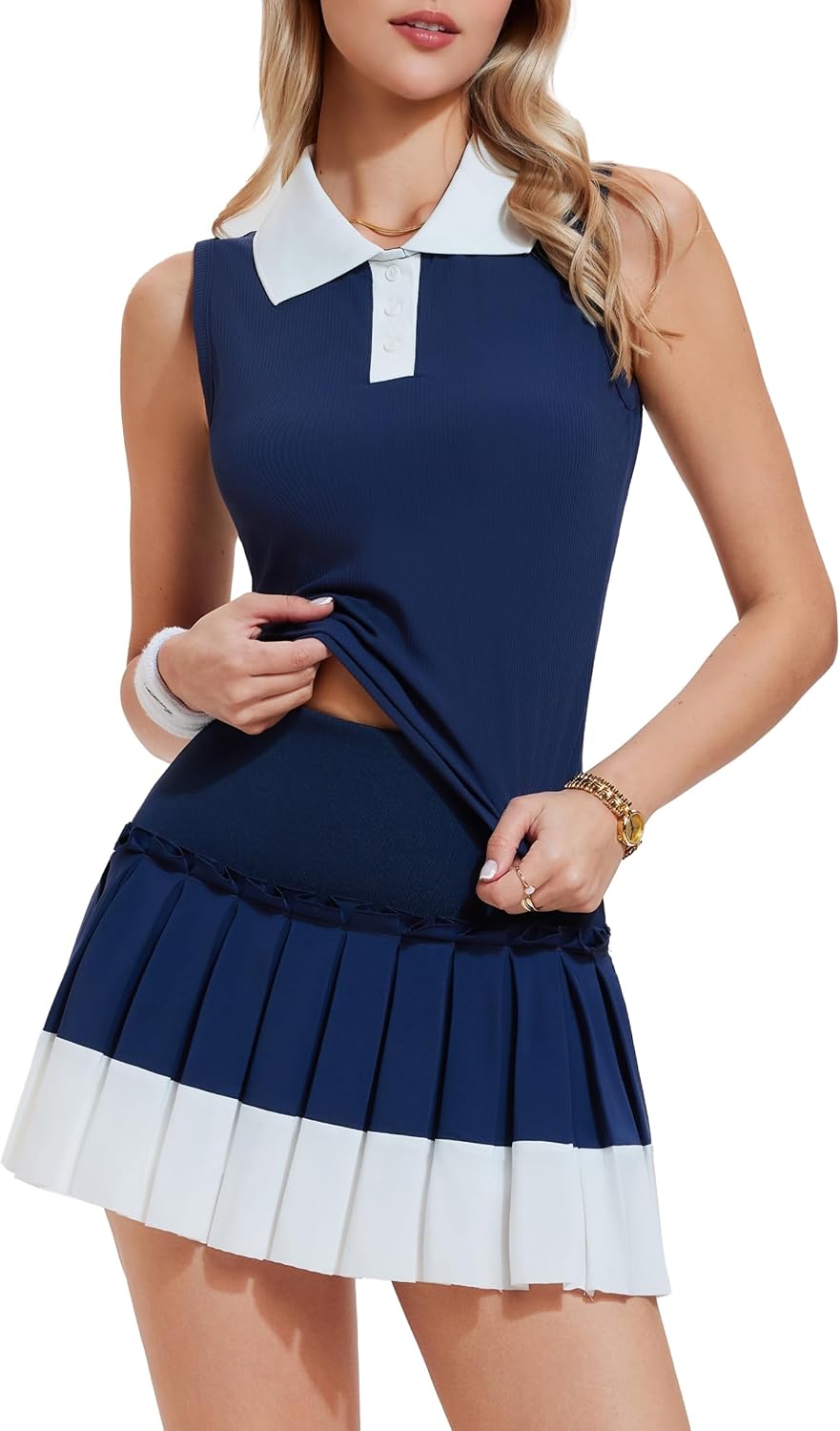Mudere Womens 2 Piece Tennis Skirt Set Ribbed Sleeveless Polo Top High Waisted Pleated Skort with Shorts Golf Outfits