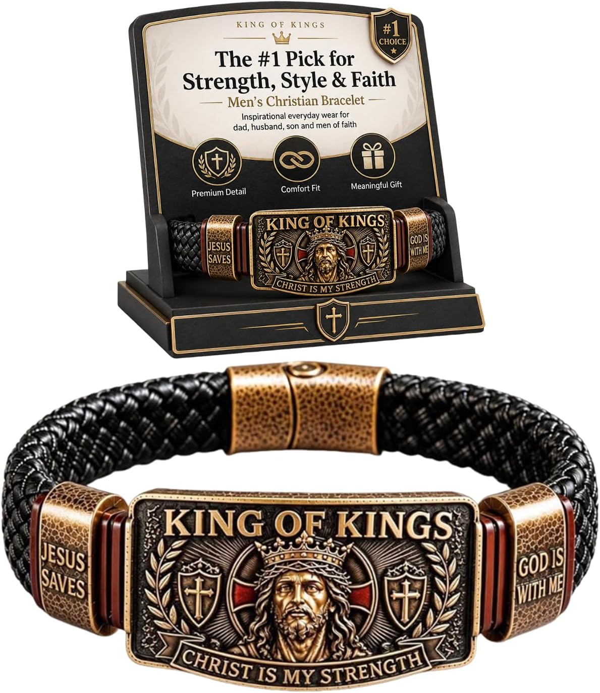 King of Kings Faith Bracelet - Adjustable Handmade Religious Leather Wristband for Men