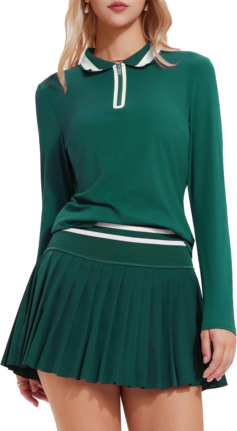 Tennis Skirt Sets for Women Zipper Color Block High Waisted Golf Polo Two Piece Skirt Set Women 2 Piece Outfits