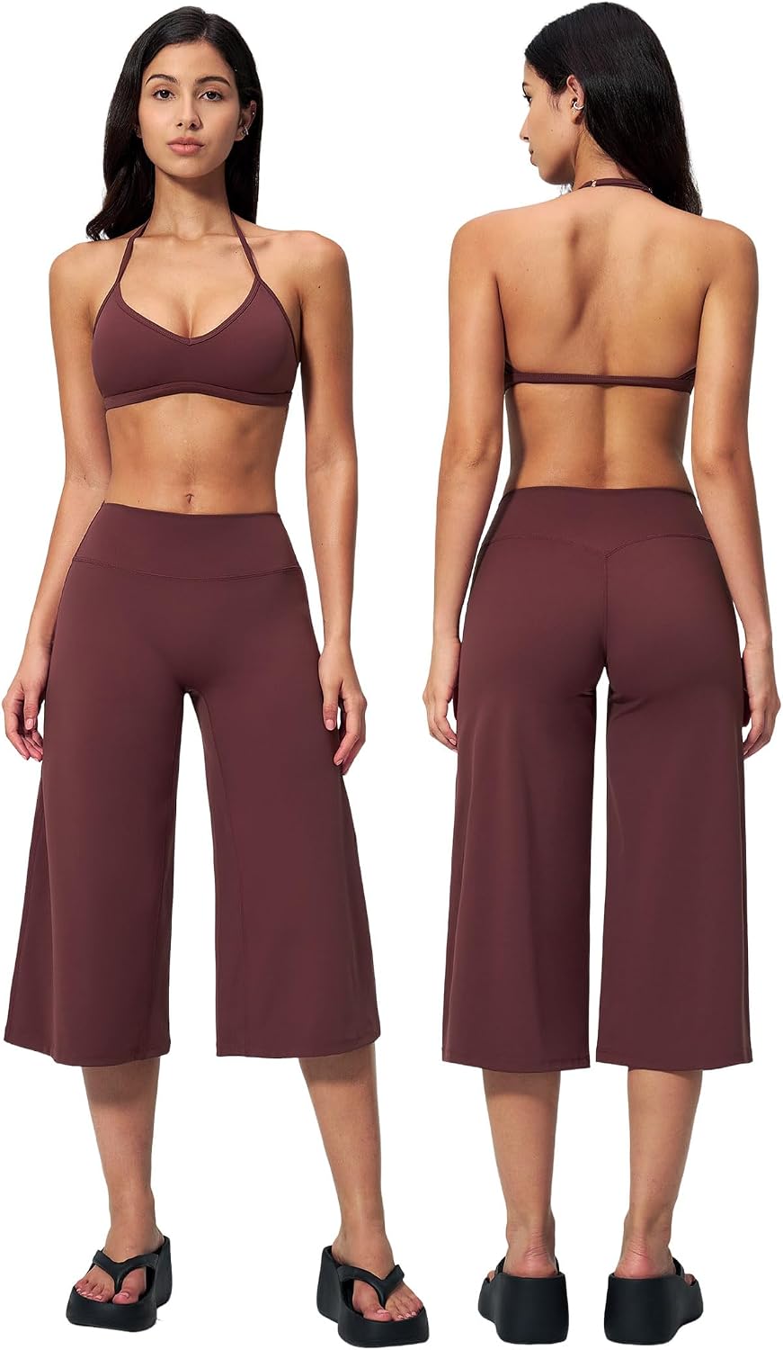 Women's 2-Piece Workout Set - Halter Sports Bra and Wide Leg Capri Pants for Yoga and Pilates