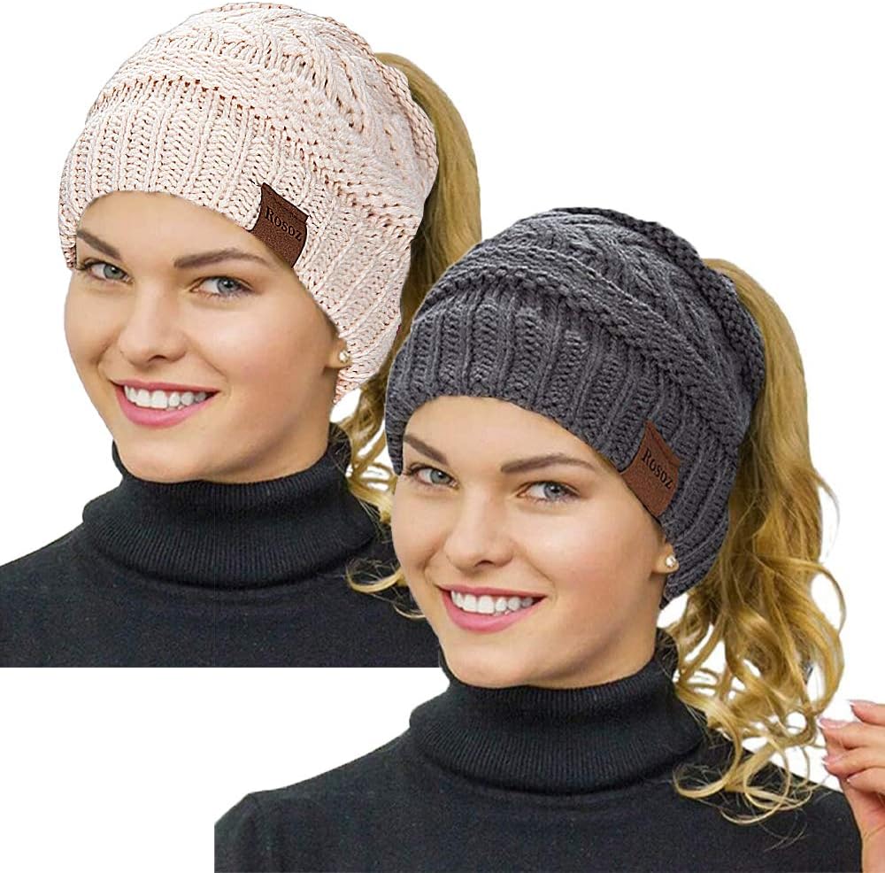 2 Pack Ponytail Beanie for Women, Winter Warm Soft Stretch Cable Knit Messy High Bun Hat
