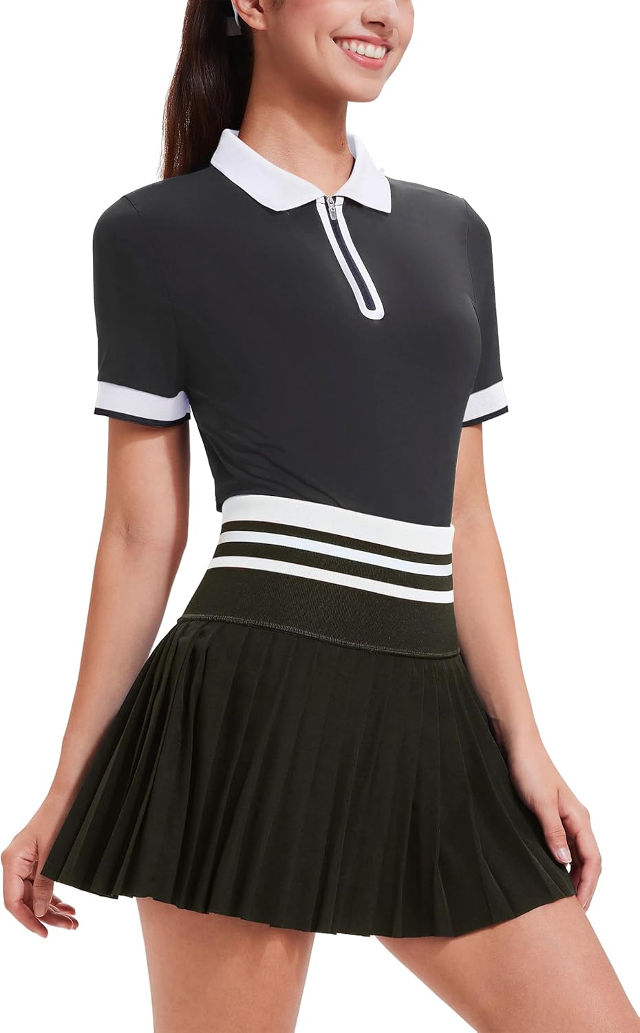 Tennis Skirt Sets for Women Zipper Color Block High Waisted Golf Polo Two Piece Skirt Set Women 2 Piece Outfits