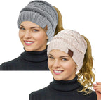 2 Pack Ponytail Beanie for Women, Winter Warm Soft Stretch Cable Knit Messy High Bun Hat