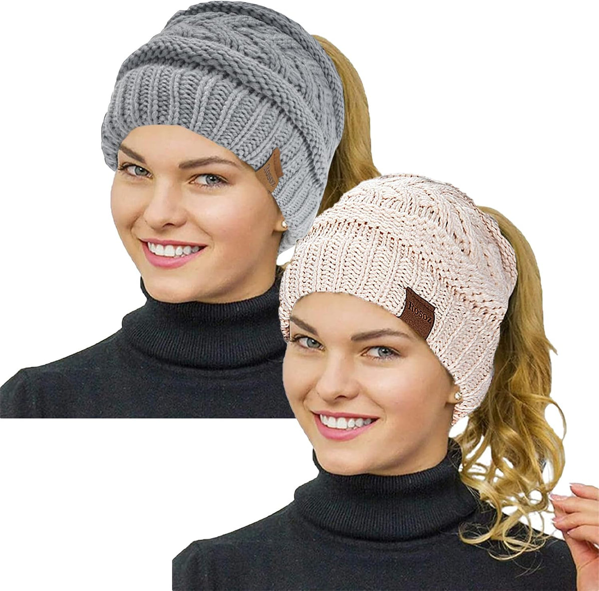 2 Pack Ponytail Beanie for Women, Winter Warm Soft Stretch Cable Knit Messy High Bun Hat