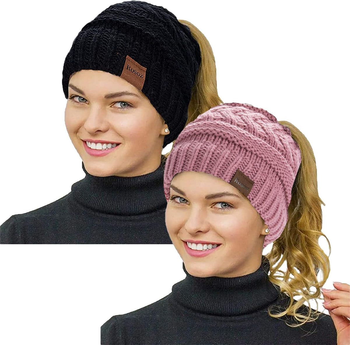 2 Pack Ponytail Beanie for Women, Winter Warm Soft Stretch Cable Knit Messy High Bun Hat