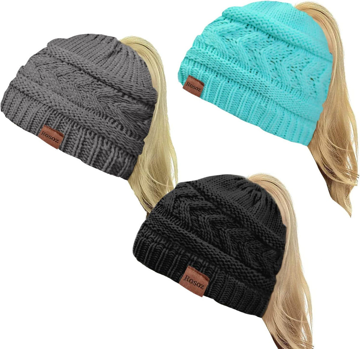 2 Pack Ponytail Beanie for Women, Winter Warm Soft Stretch Cable Knit Messy High Bun Hat