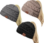 2 Pack Ponytail Beanie for Women, Winter Warm Soft Stretch Cable Knit Messy High Bun Hat