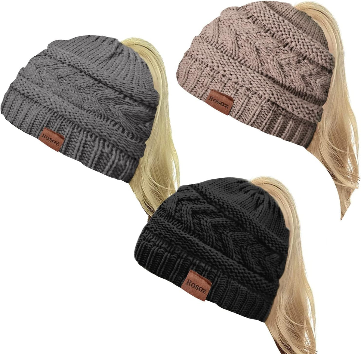 2 Pack Ponytail Beanie for Women, Winter Warm Soft Stretch Cable Knit Messy High Bun Hat