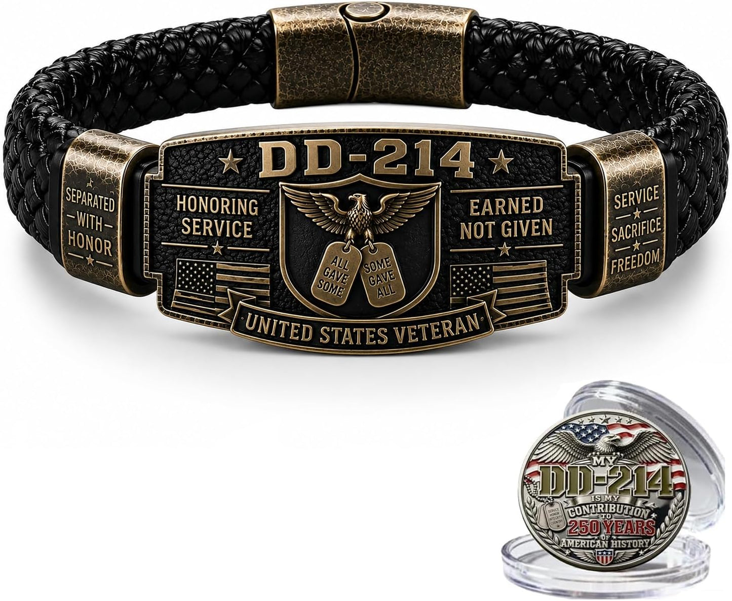 Veteran Honor Bracelet, Earned Not Given Braided Cuff Bangle, Antique USA Flag Eagle Wristband