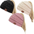2 Pack Ponytail Beanie for Women, Winter Warm Soft Stretch Cable Knit Messy High Bun Hat