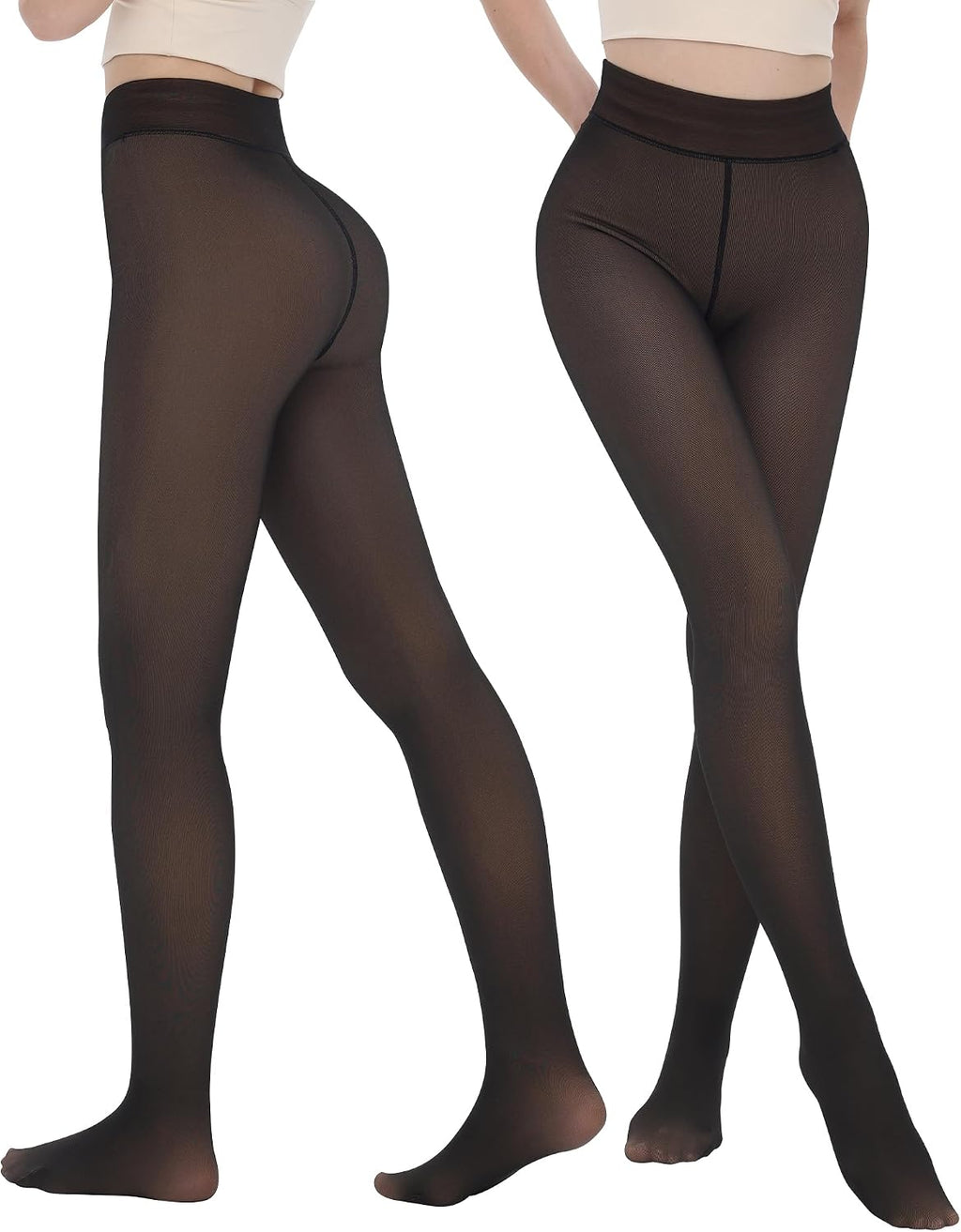 2 Pairs Fleece Lined Thermal Tights for Women - Warm Sheer Leggings for Winter