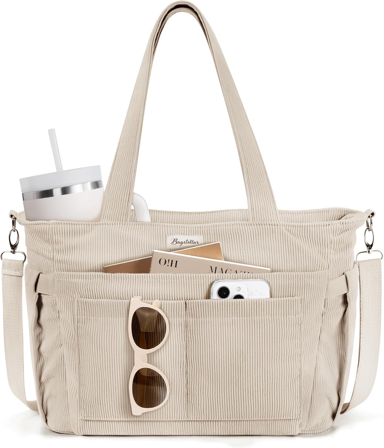 Corduroy Tote Bag for Women, 17 Pockets Laptop Work Bag with 40oz Cup Holder