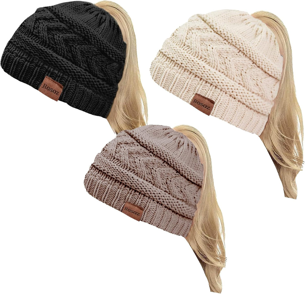 2 Pack Ponytail Beanie for Women, Winter Warm Soft Stretch Cable Knit Messy High Bun Hat