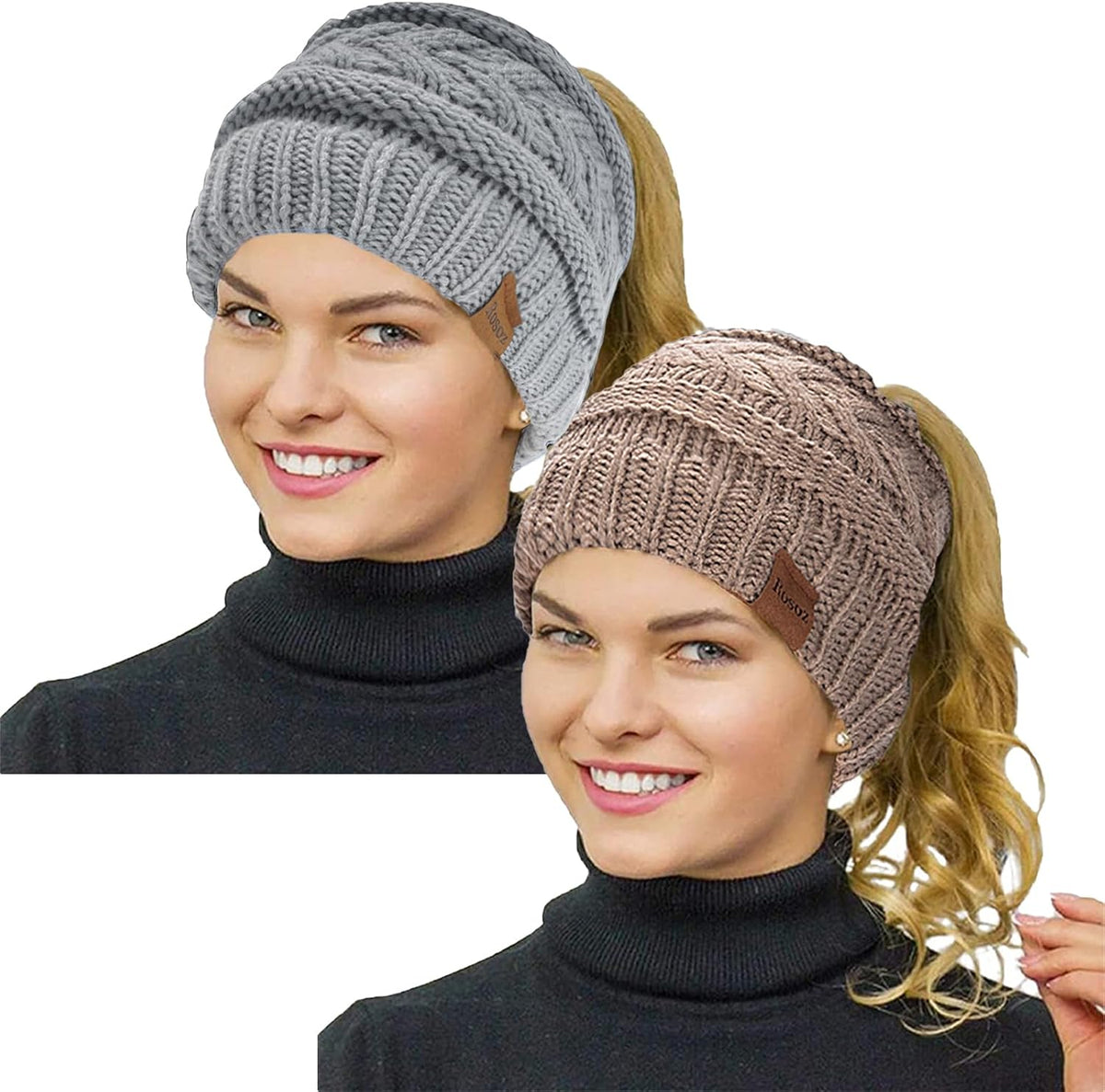 2 Pack Ponytail Beanie for Women, Winter Warm Soft Stretch Cable Knit Messy High Bun Hat
