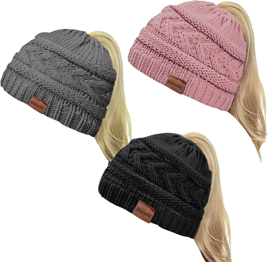 2 Pack Ponytail Beanie for Women, Winter Warm Soft Stretch Cable Knit Messy High Bun Hat