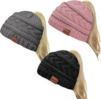 2 Pack Ponytail Beanie for Women, Winter Warm Soft Stretch Cable Knit Messy High Bun Hat