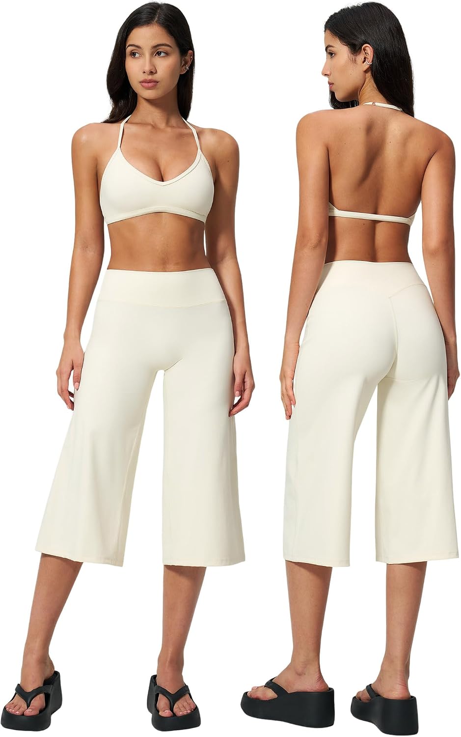 Women's 2-Piece Workout Set - Halter Sports Bra and Wide Leg Capri Pants for Yoga and Pilates