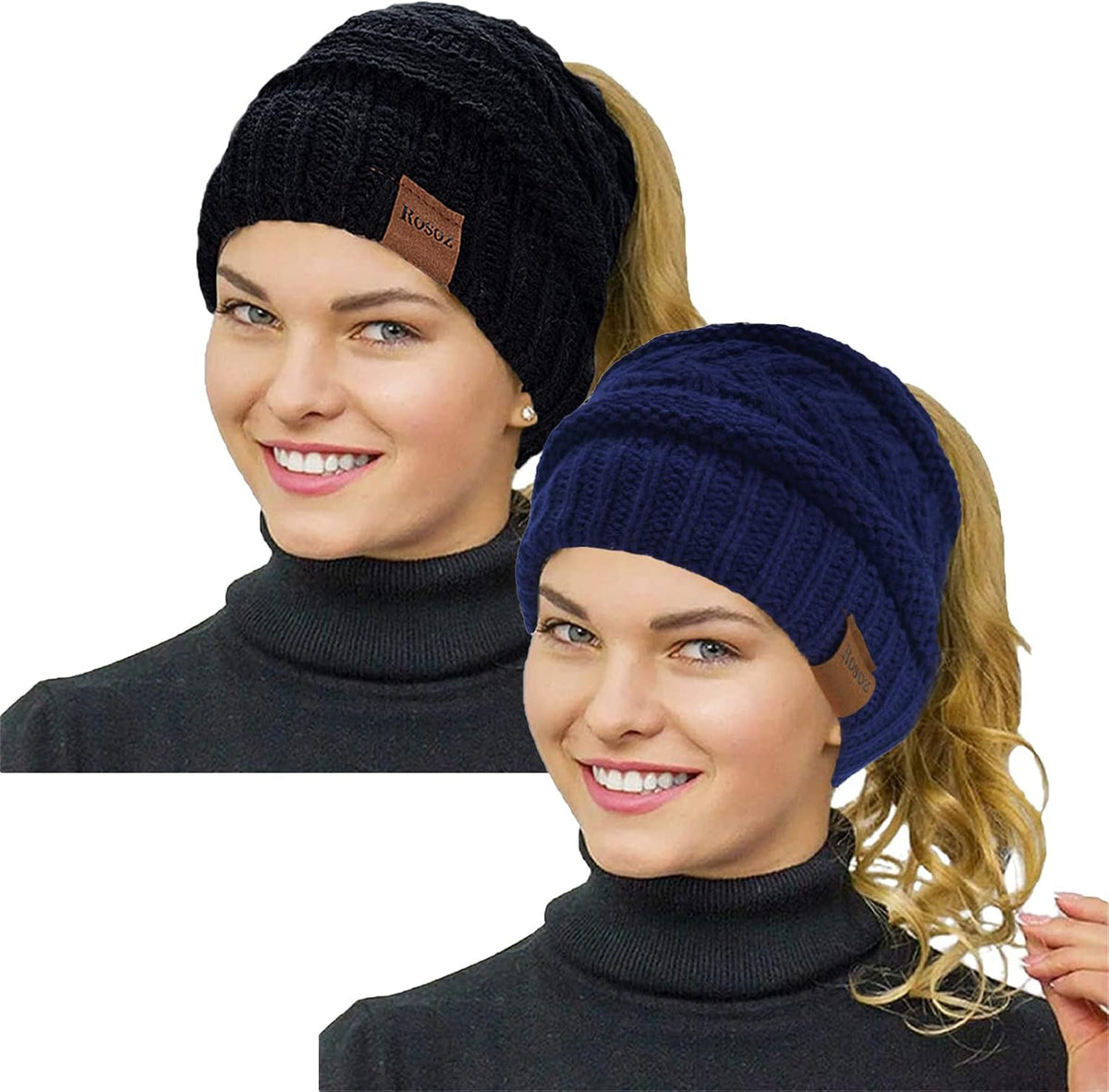 2 Pack Ponytail Beanie for Women, Winter Warm Soft Stretch Cable Knit Messy High Bun Hat