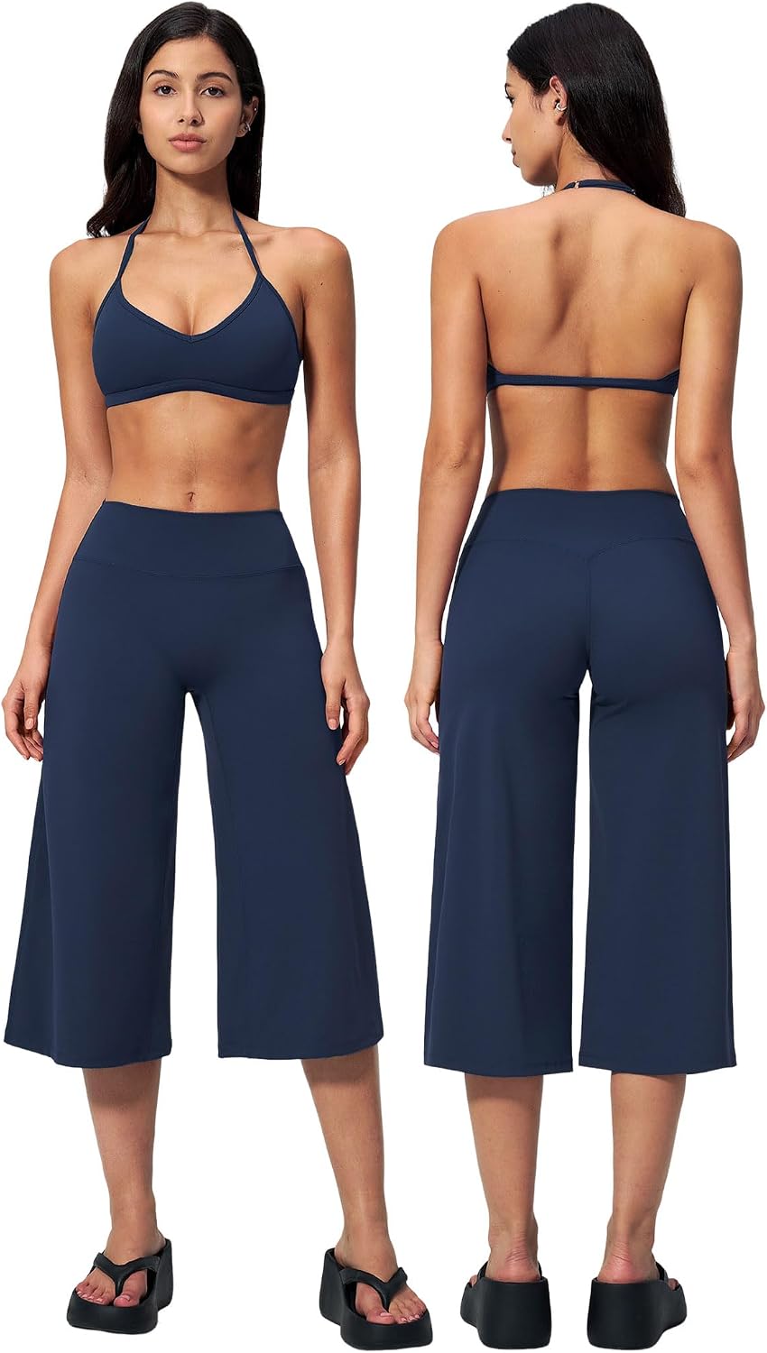 Women's 2-Piece Workout Set - Halter Sports Bra and Wide Leg Capri Pants for Yoga and Pilates