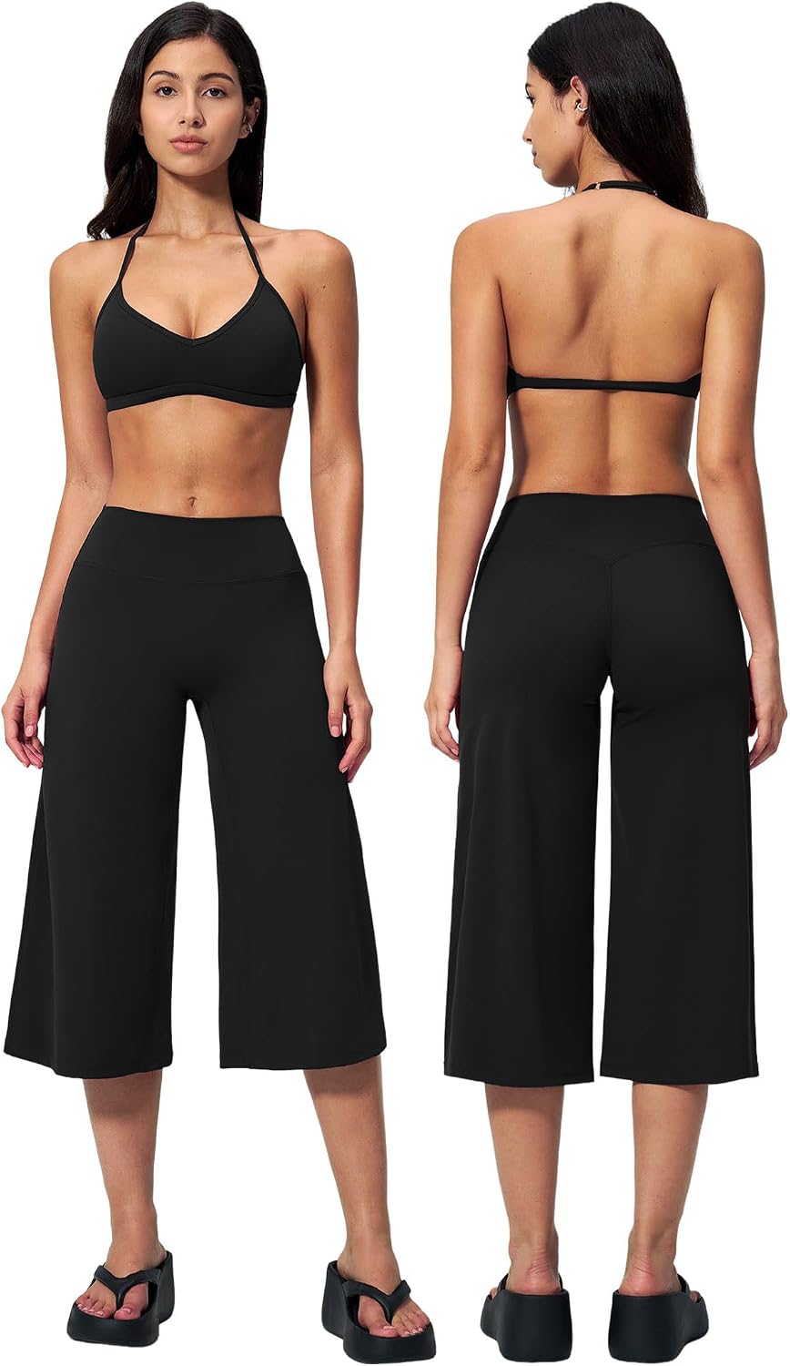 Women's 2-Piece Workout Set - Halter Sports Bra and Wide Leg Capri Pants for Yoga and Pilates