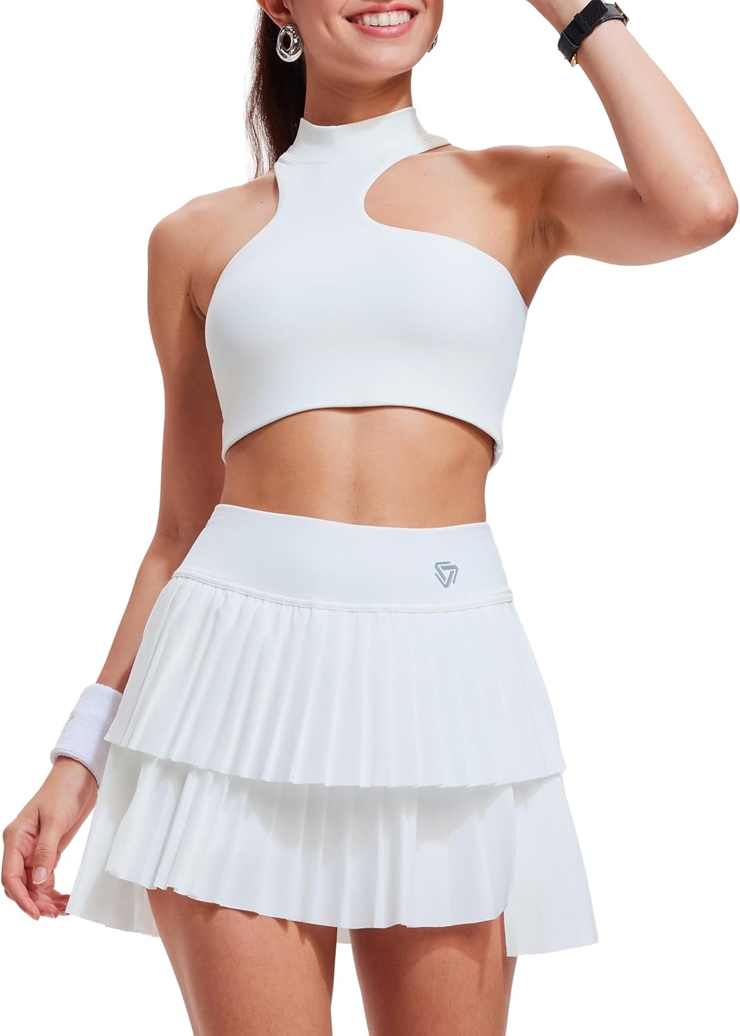 Tennis Skirt Sets for Women Half High Collar Irregular Bra Double Ruffle Golf Skirt Set Women 2 Piece Outfits